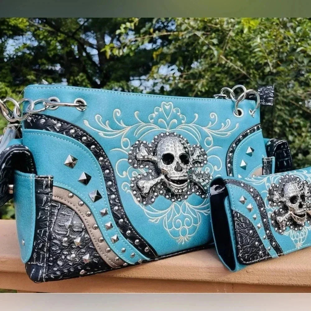 Turquoise Rhinestone Skull Concealed Carry Handbag and Wallet Set Handmade NWT - Picture 2 of 14